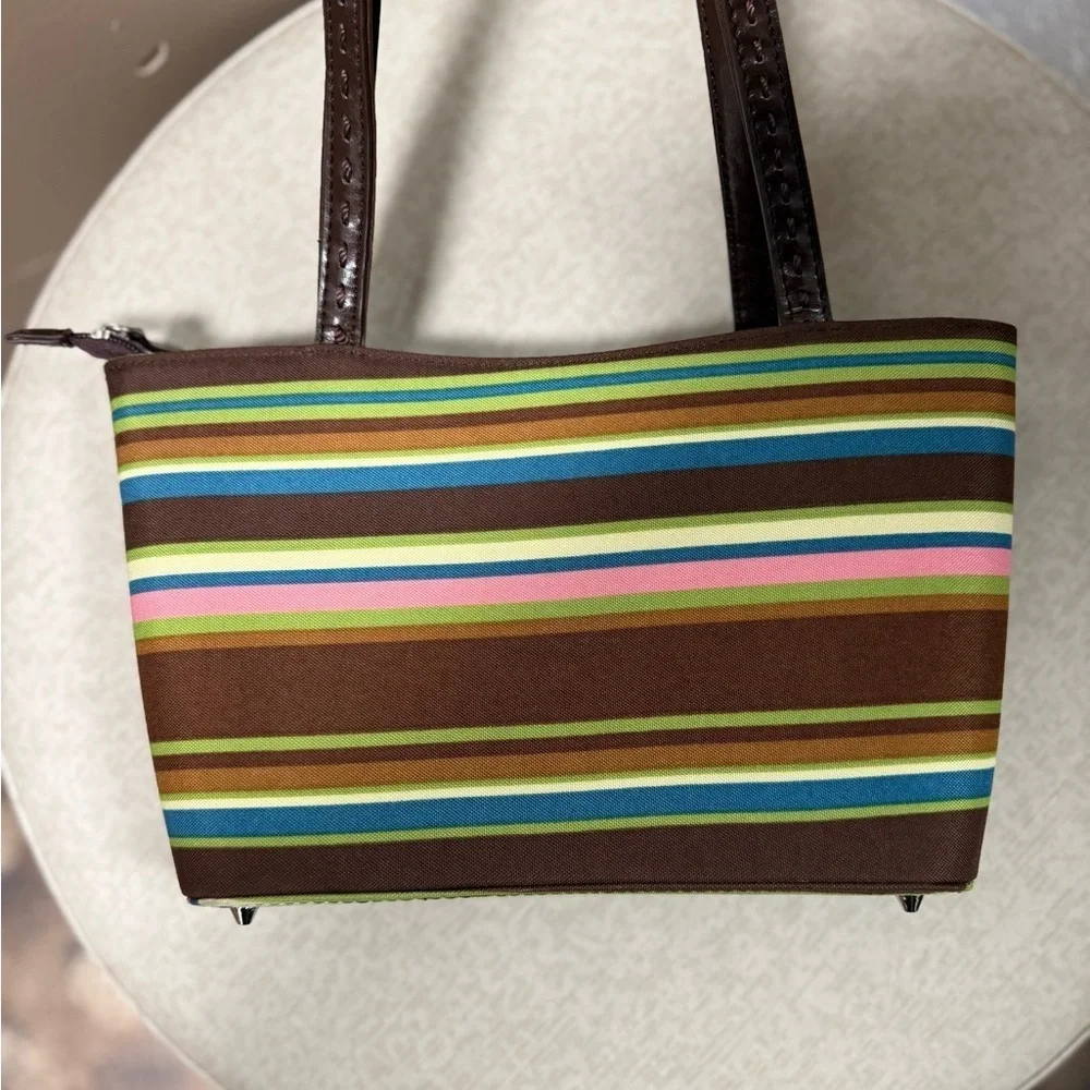 Kate Spade Striped Canvas Tote Bag Brown Multi Bow w/ Feet